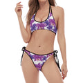 Purple Orchid Flower Pattern Print Halter Scoop Tie Side Bikini