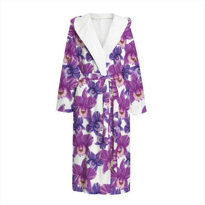 Purple Orchid Flower Pattern Print Hooded Bathrobe