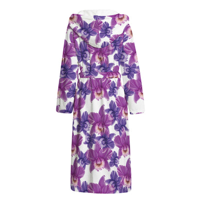 Purple Orchid Flower Pattern Print Hooded Bathrobe
