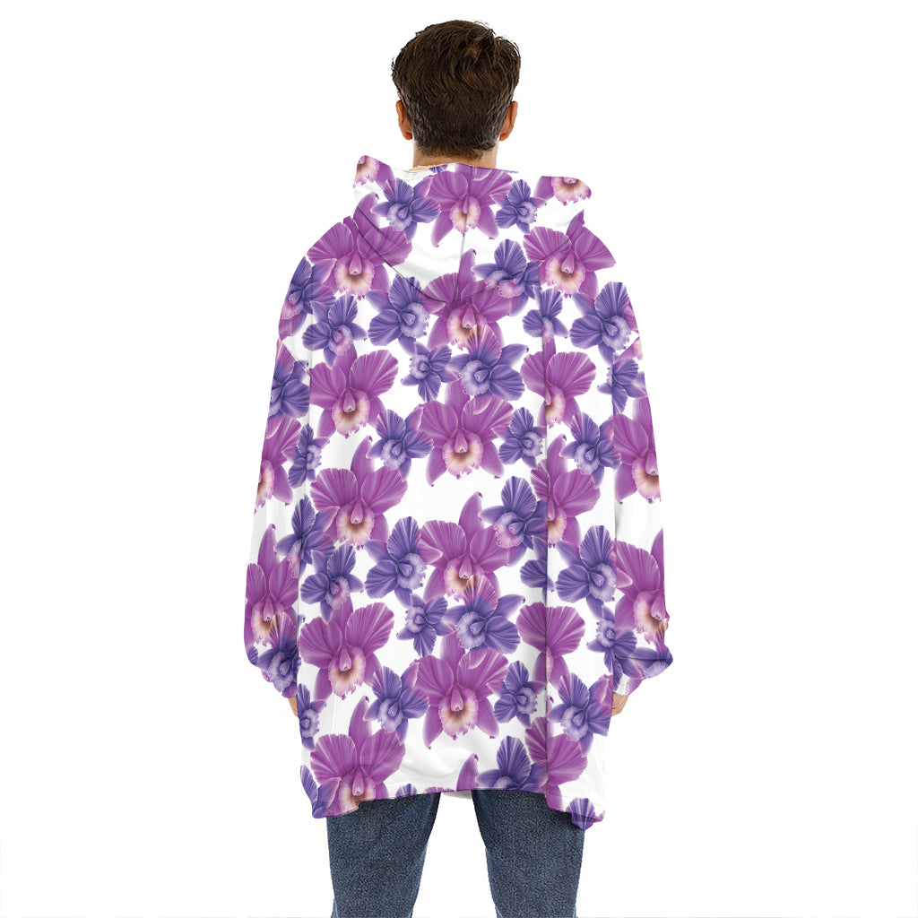 Purple Orchid Flower Pattern Print Hoodie Blanket