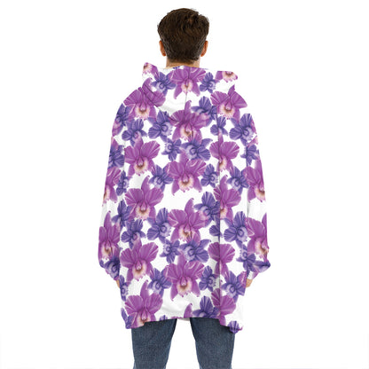 Purple Orchid Flower Pattern Print Hoodie Blanket