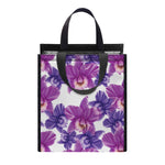 Purple Orchid Flower Pattern Print Insulated Lunch Tote