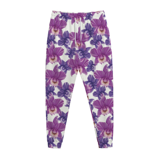 Purple Orchid Flower Pattern Print Jogger Pants