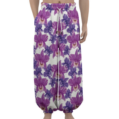 Purple Orchid Flower Pattern Print Lantern Pants