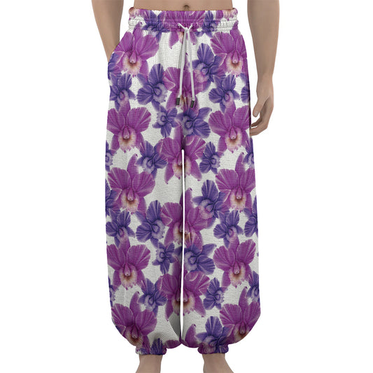 Purple Orchid Flower Pattern Print Lantern Pants