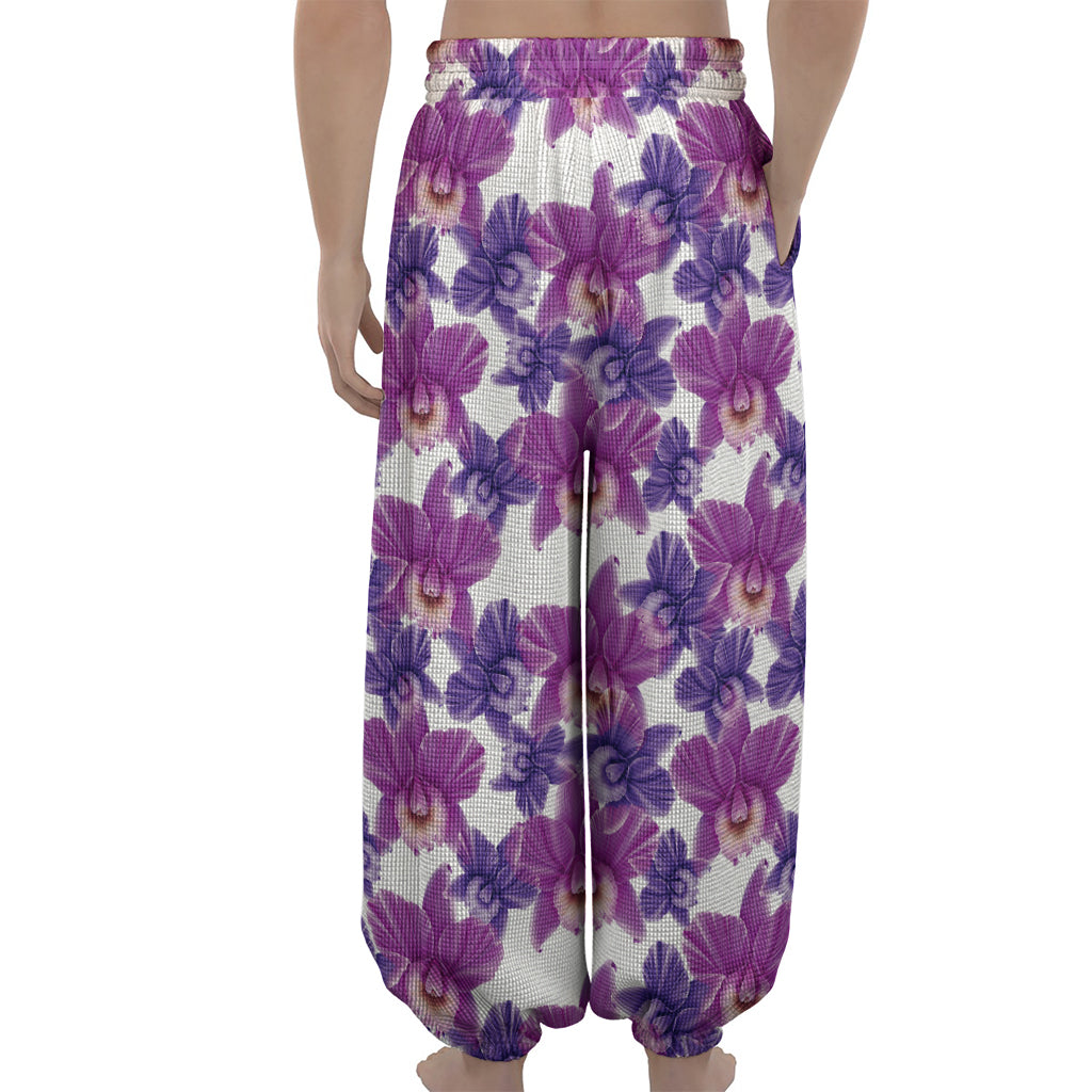 Purple Orchid Flower Pattern Print Lantern Pants