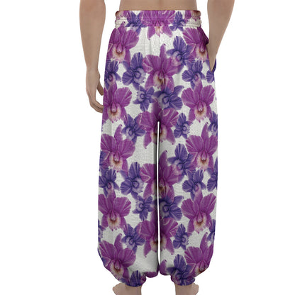 Purple Orchid Flower Pattern Print Lantern Pants