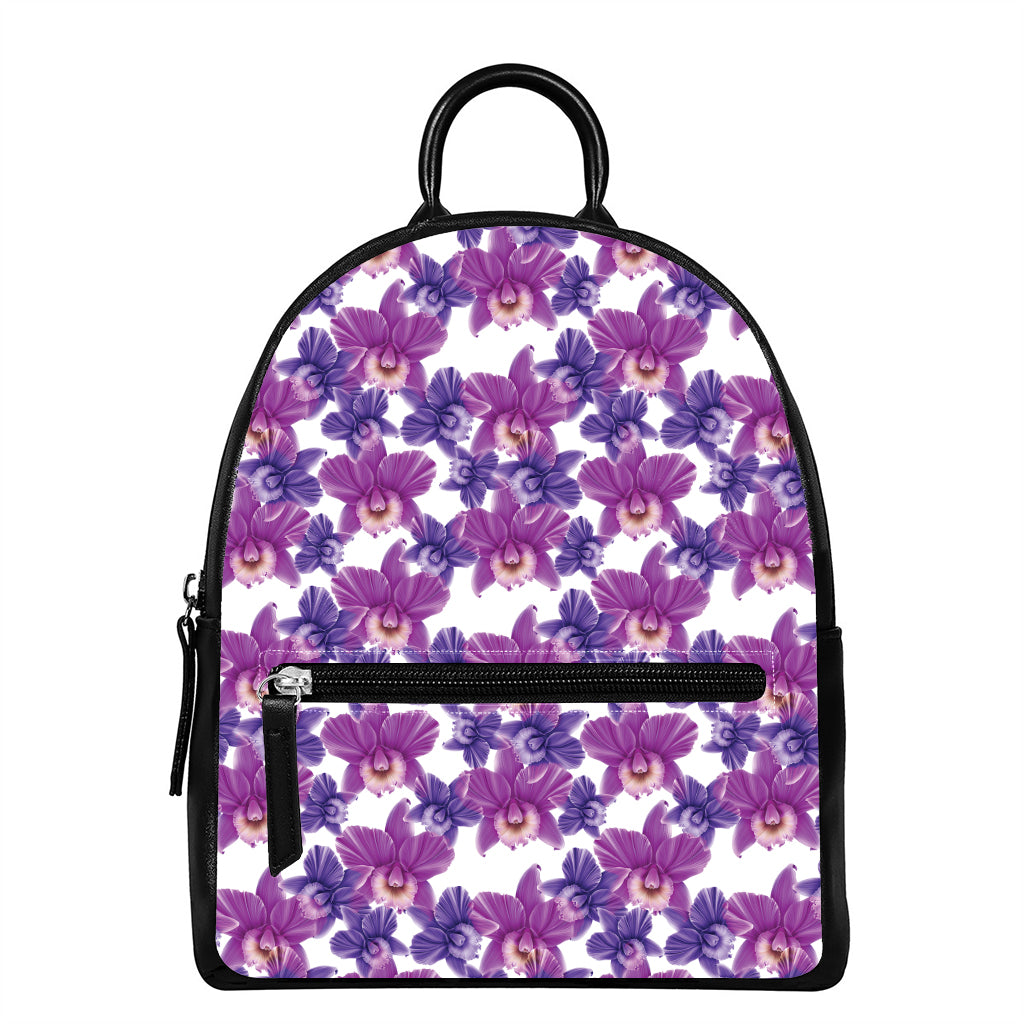 Purple Orchid Flower Pattern Print Leather Backpack