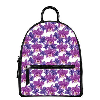Purple Orchid Flower Pattern Print Leather Backpack