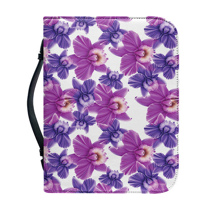 Purple Orchid Flower Pattern Print Leather Bible Cover