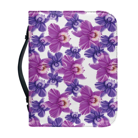 Purple Orchid Flower Pattern Print Leather Bible Cover