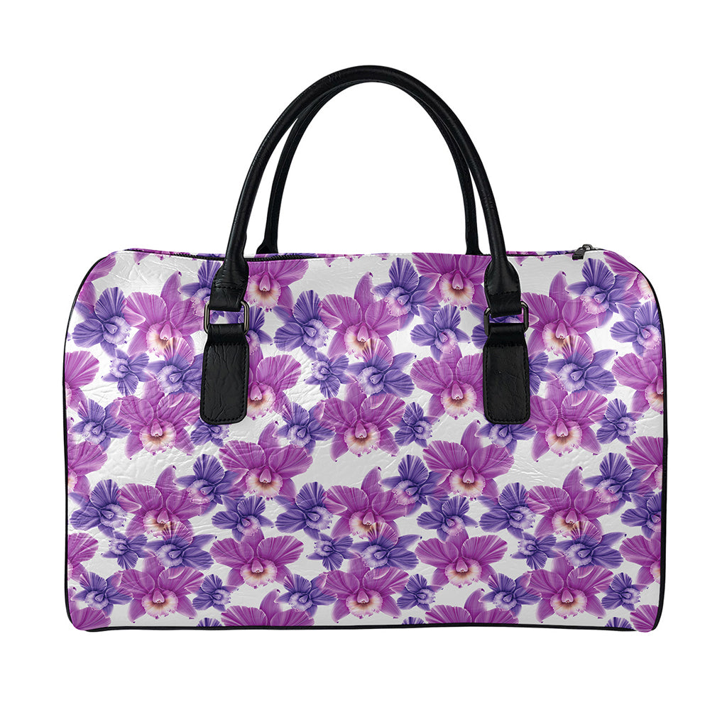 Purple Orchid Flower Pattern Print Leather Duffle Bag