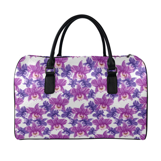 Purple Orchid Flower Pattern Print Leather Duffle Bag