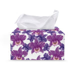 Purple Orchid Flower Pattern Print Leather Tissue Box Cover