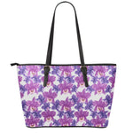 Purple Orchid Flower Pattern Print Leather Tote Bag
