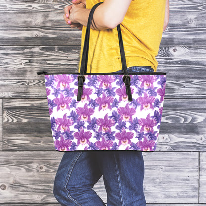 Purple Orchid Flower Pattern Print Leather Tote Bag