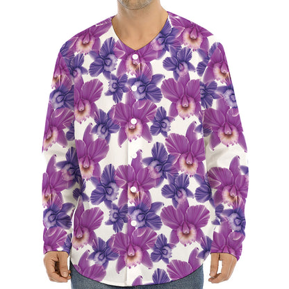 Purple Orchid Flower Pattern Print Long Sleeve Baseball Jersey