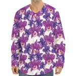 Purple Orchid Flower Pattern Print Long Sleeve Baseball Jersey