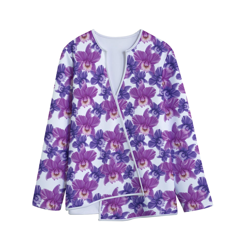 Purple Orchid Flower Pattern Print Long Sleeve Short Coat