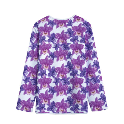 Purple Orchid Flower Pattern Print Long Sleeve Short Coat