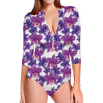 Purple Orchid Flower Pattern Print Long Sleeve Swimsuit