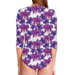 Purple Orchid Flower Pattern Print Long Sleeve Swimsuit