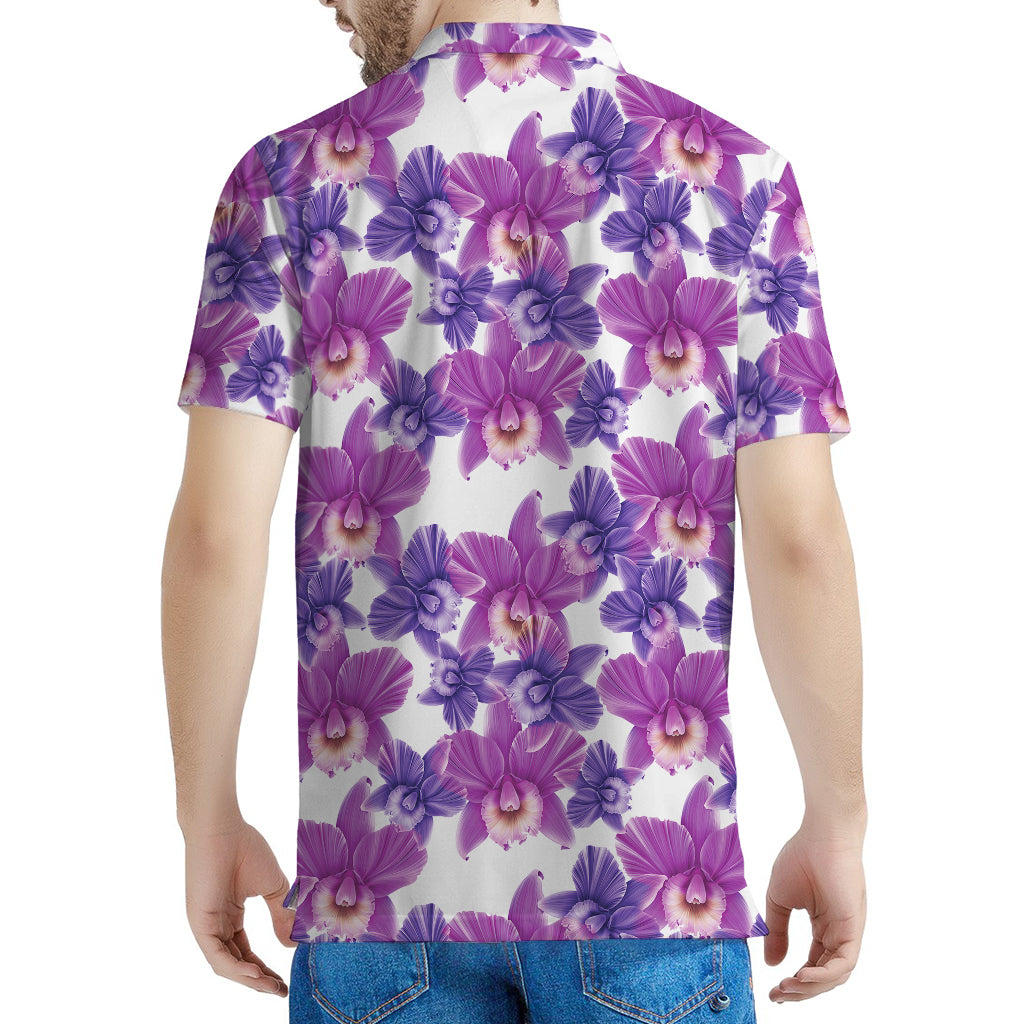 Purple Orchid Flower Pattern Print Men's Polo Shirt
