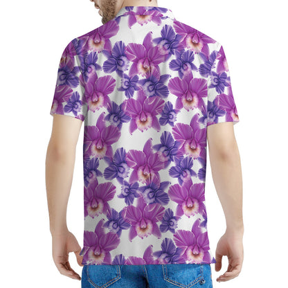 Purple Orchid Flower Pattern Print Men's Polo Shirt