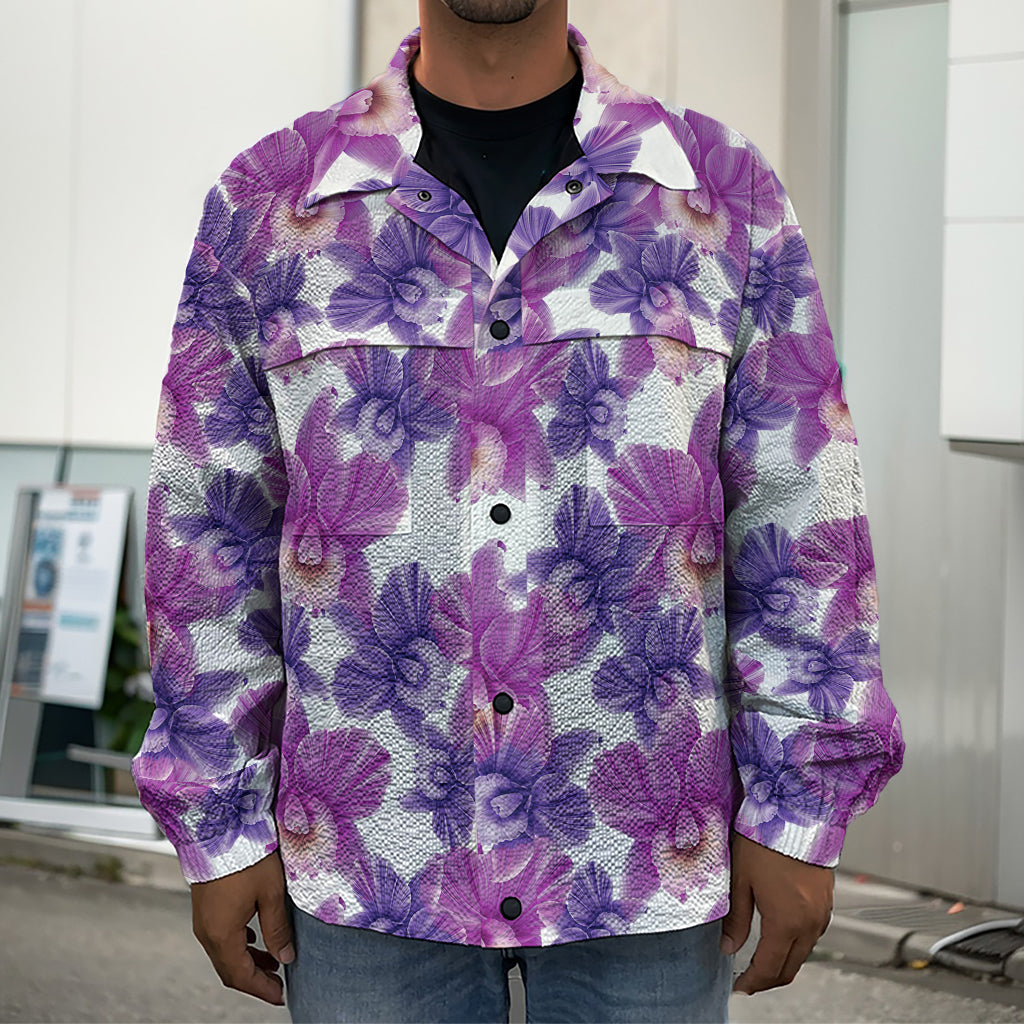 Purple Orchid Flower Pattern Print Men's Shirt Jacket