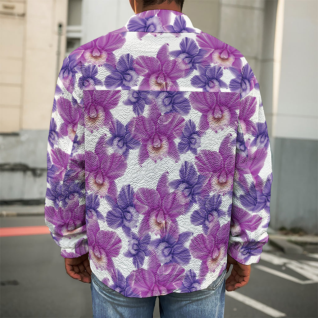 Purple Orchid Flower Pattern Print Men's Shirt Jacket