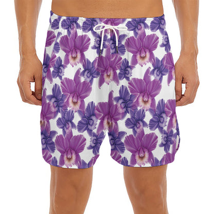 Purple Orchid Flower Pattern Print Men's Split Running Shorts