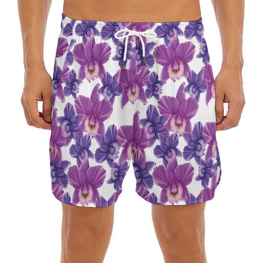 Purple Orchid Flower Pattern Print Men's Split Running Shorts