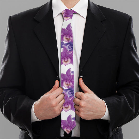 Purple Orchid Flower Pattern Print Necktie