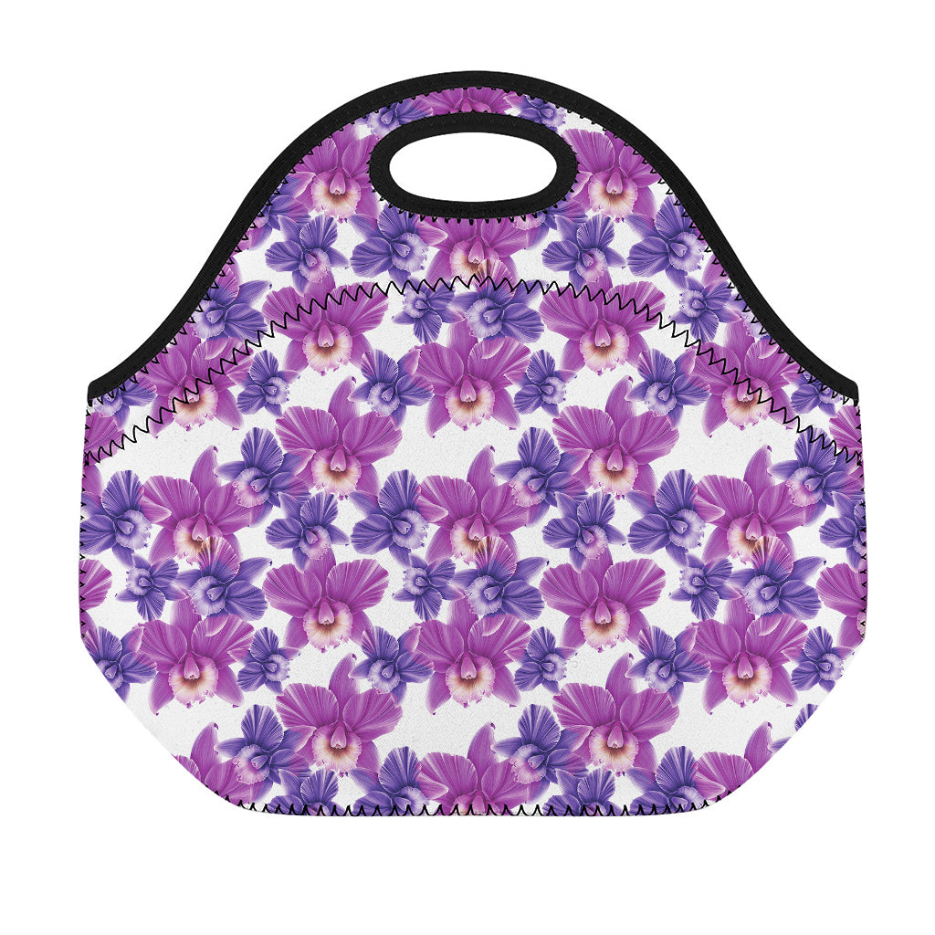 Purple Orchid Flower Pattern Print Neoprene Lunch Bag