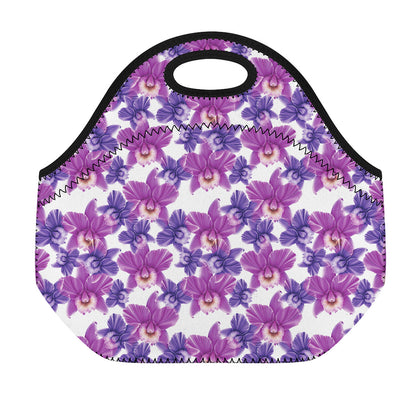 Purple Orchid Flower Pattern Print Neoprene Lunch Bag