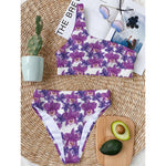 Purple Orchid Flower Pattern Print One Shoulder Bikini Top