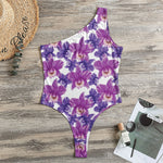 Purple Orchid Flower Pattern Print One Shoulder Bodysuit