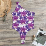 Purple Orchid Flower Pattern Print One Shoulder Bodysuit