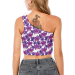 Purple Orchid Flower Pattern Print One Shoulder Crop Top