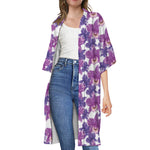 Purple Orchid Flower Pattern Print Open Front Beach Cover Up