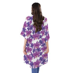Purple Orchid Flower Pattern Print Open Front Beach Cover Up