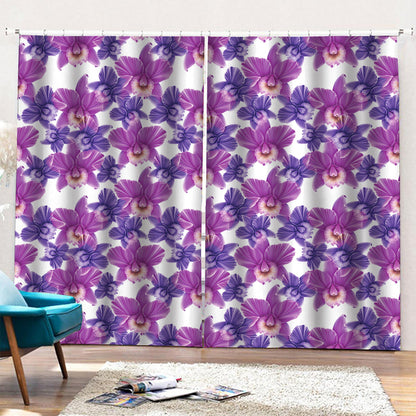 Purple Orchid Flower Pattern Print Pencil Pleat Curtains