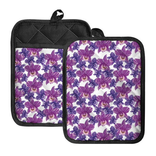 Purple Orchid Flower Pattern Print Pot Holders With Pocket