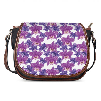 Purple Orchid Flower Pattern Print Saddle Bag