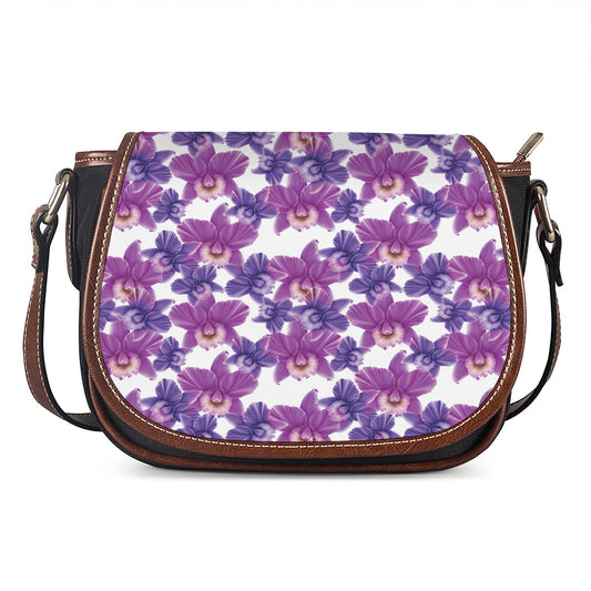 Purple Orchid Flower Pattern Print Saddle Bag