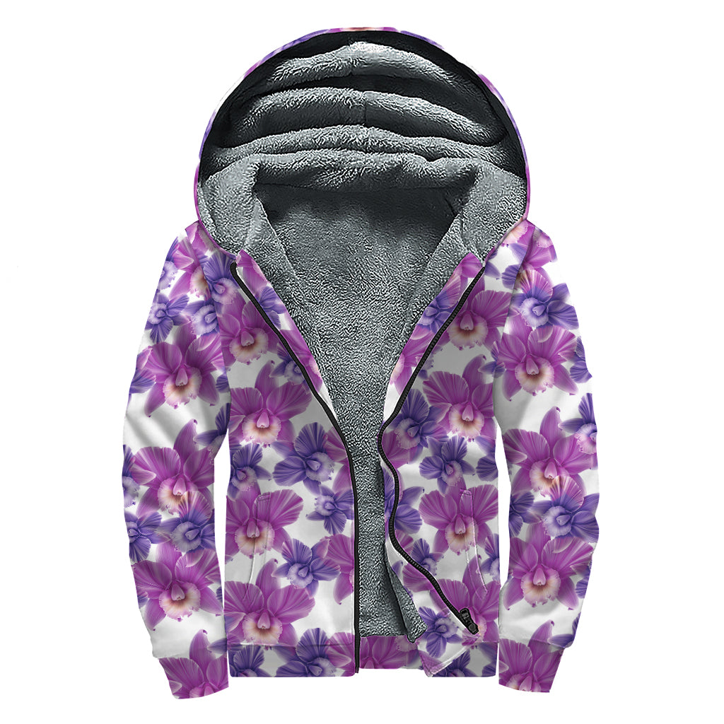 Purple Orchid Flower Pattern Print Sherpa Lined Zip Up Hoodie