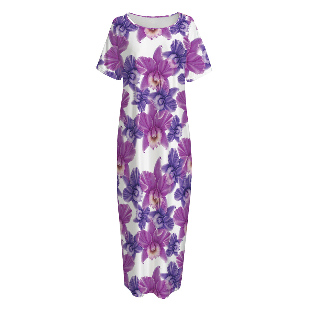 Purple Orchid Flower Pattern Print Short Sleeve Long Nightdress