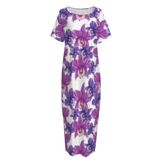 Purple Orchid Flower Pattern Print Short Sleeve Long Nightdress