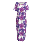 Purple Orchid Flower Pattern Print Short Sleeve Long Nightdress