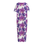 Purple Orchid Flower Pattern Print Short Sleeve Long Nightdress